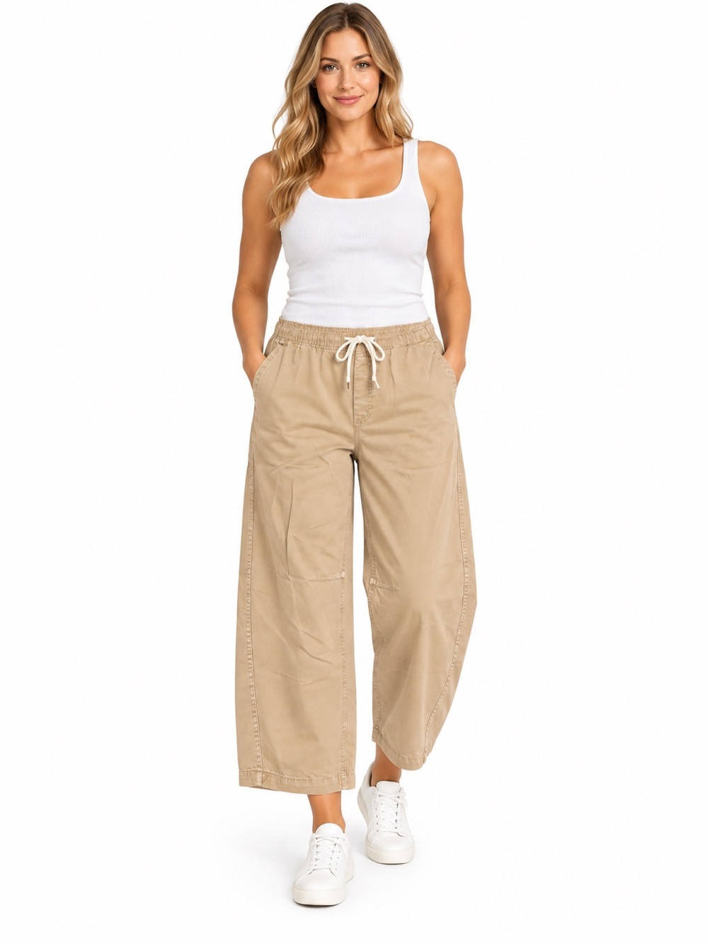 GAP Cropped Wide-Leg Drawstring Pants in Tan
